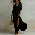 One-Shoulder Maxi Dress with Split Hem – Bohemian Holiday Party Dress