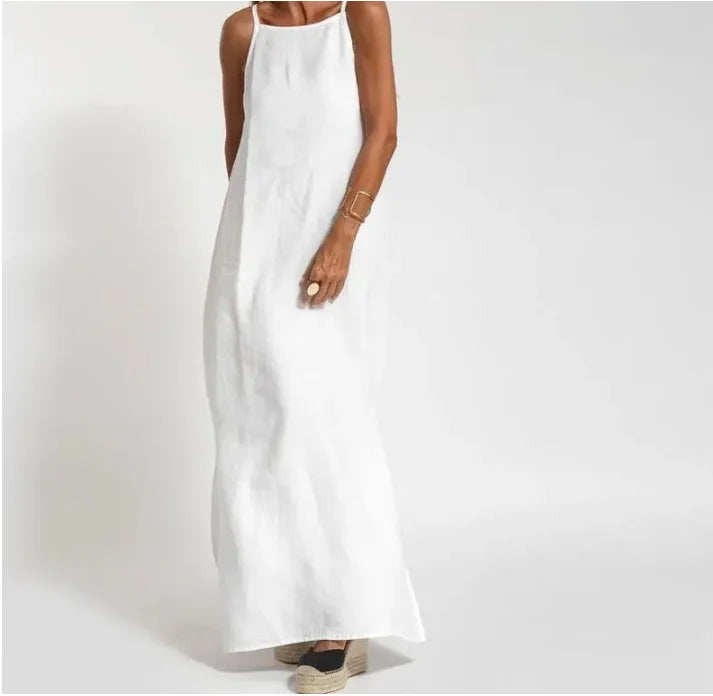 Cotton Linen Strapless Maxi Dress with Side Split for Summer Holidays