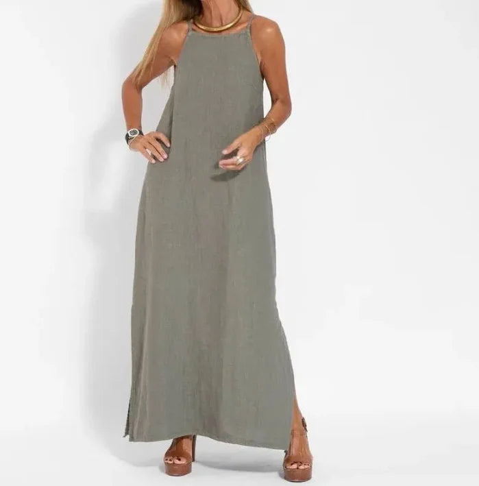 Cotton Linen Strapless Maxi Dress with Side Split for Summer Holidays
