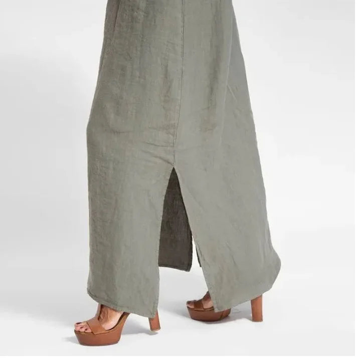 Cotton Linen Strapless Maxi Dress with Side Split for Summer Holidays