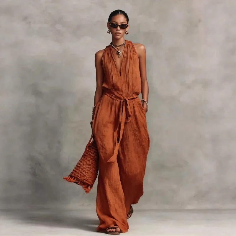 Linen Backless Jumpsuit for Women | Casual Summer Outfit for Comfort