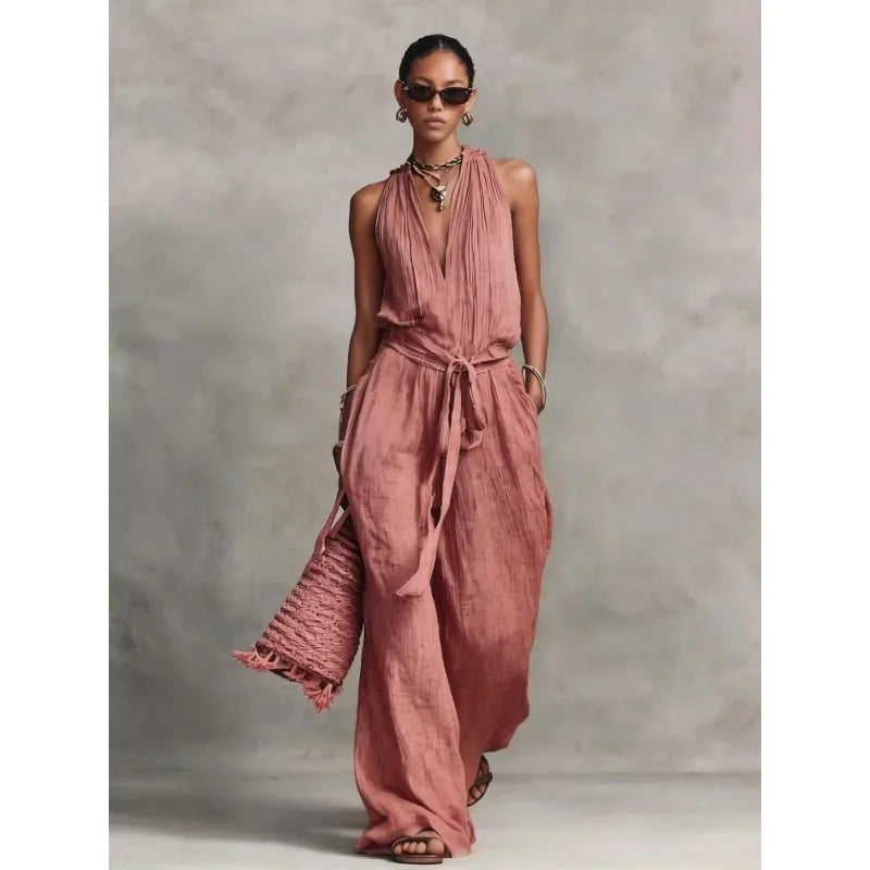 Linen Backless Jumpsuit for Women | Casual Summer Outfit for Comfort