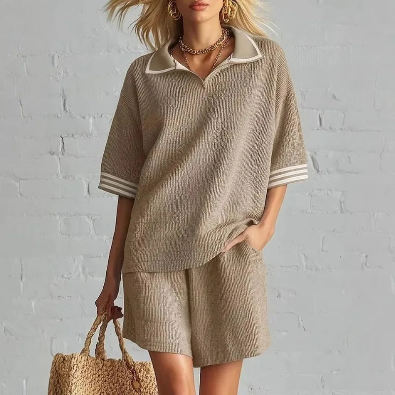 Women's Knitted Striped Sports Set - Loose Top & Cropped Pants for Summer Wear