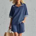 Women's Knitted Striped Sports Set - Loose Top & Cropped Pants for Summer Wear