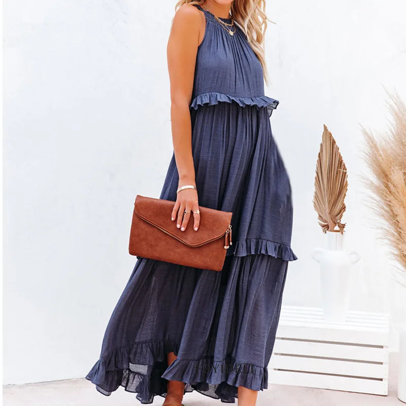 Navy Blue Ruffle Maxi Dress - Women's Sleeveless Halter Neck Boho Style