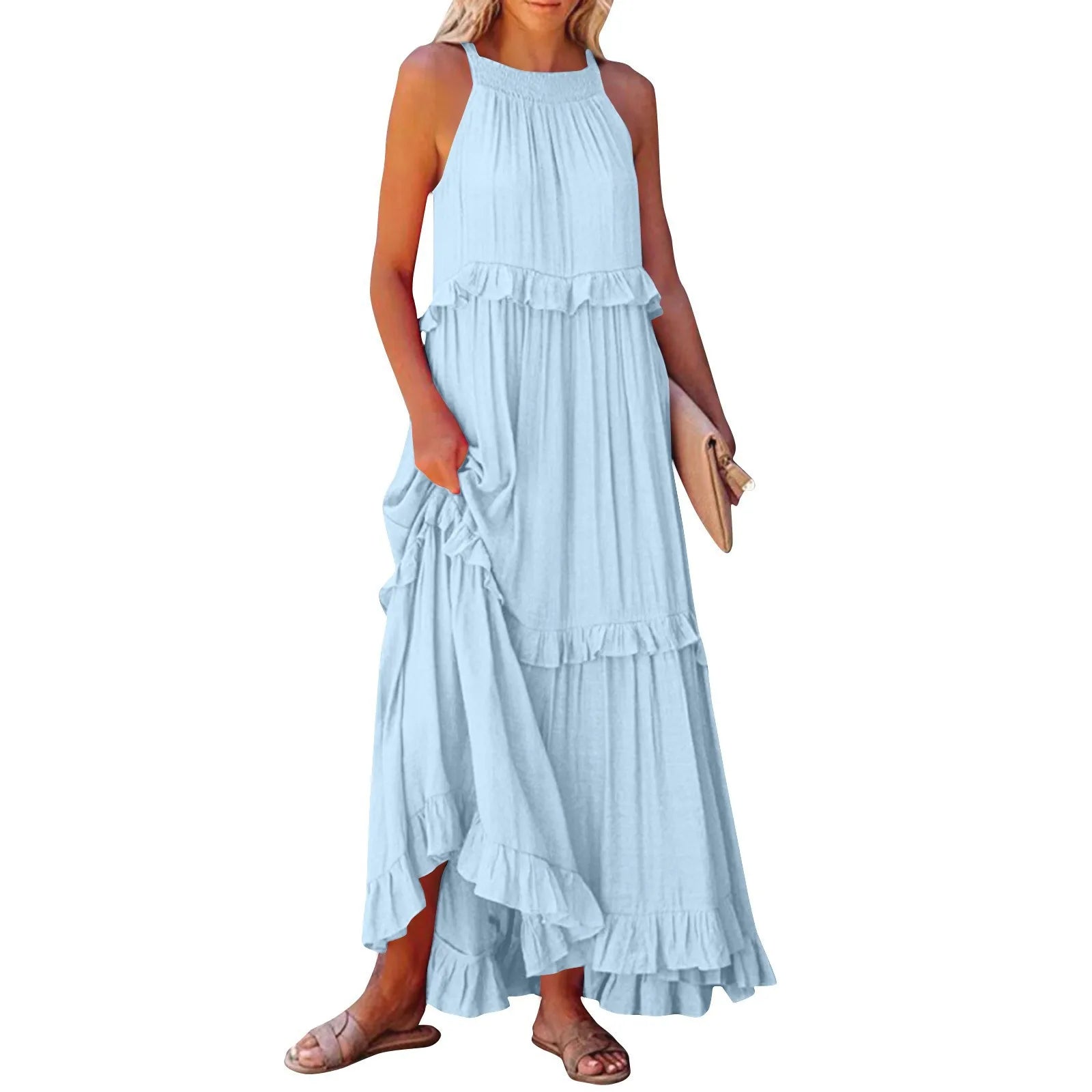 Navy Blue Ruffle Maxi Dress - Women's Sleeveless Halter Neck Boho Style