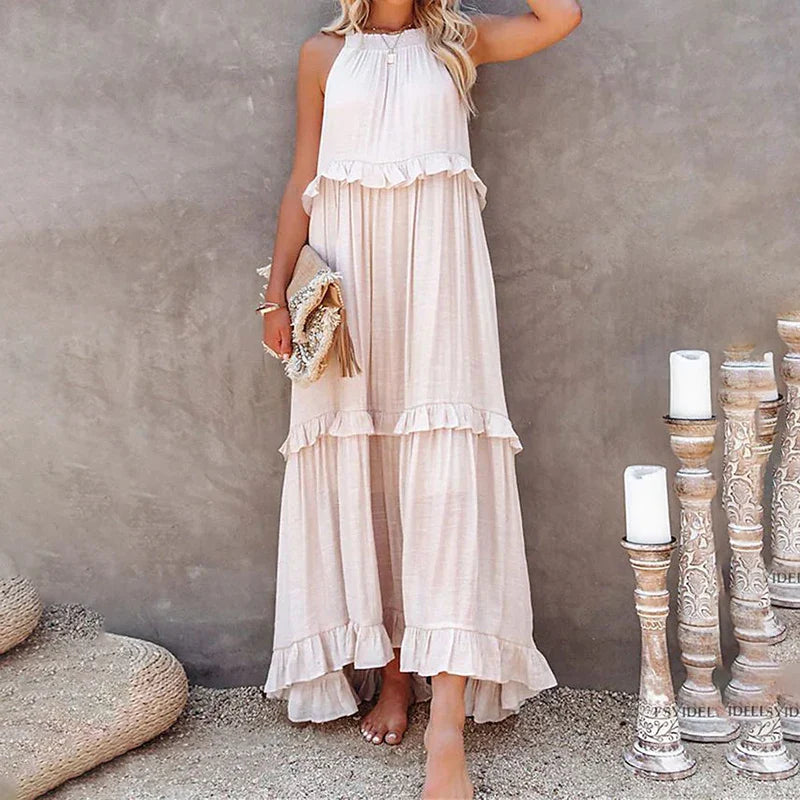 Navy Blue Ruffle Maxi Dress - Women's Sleeveless Halter Neck Boho Style