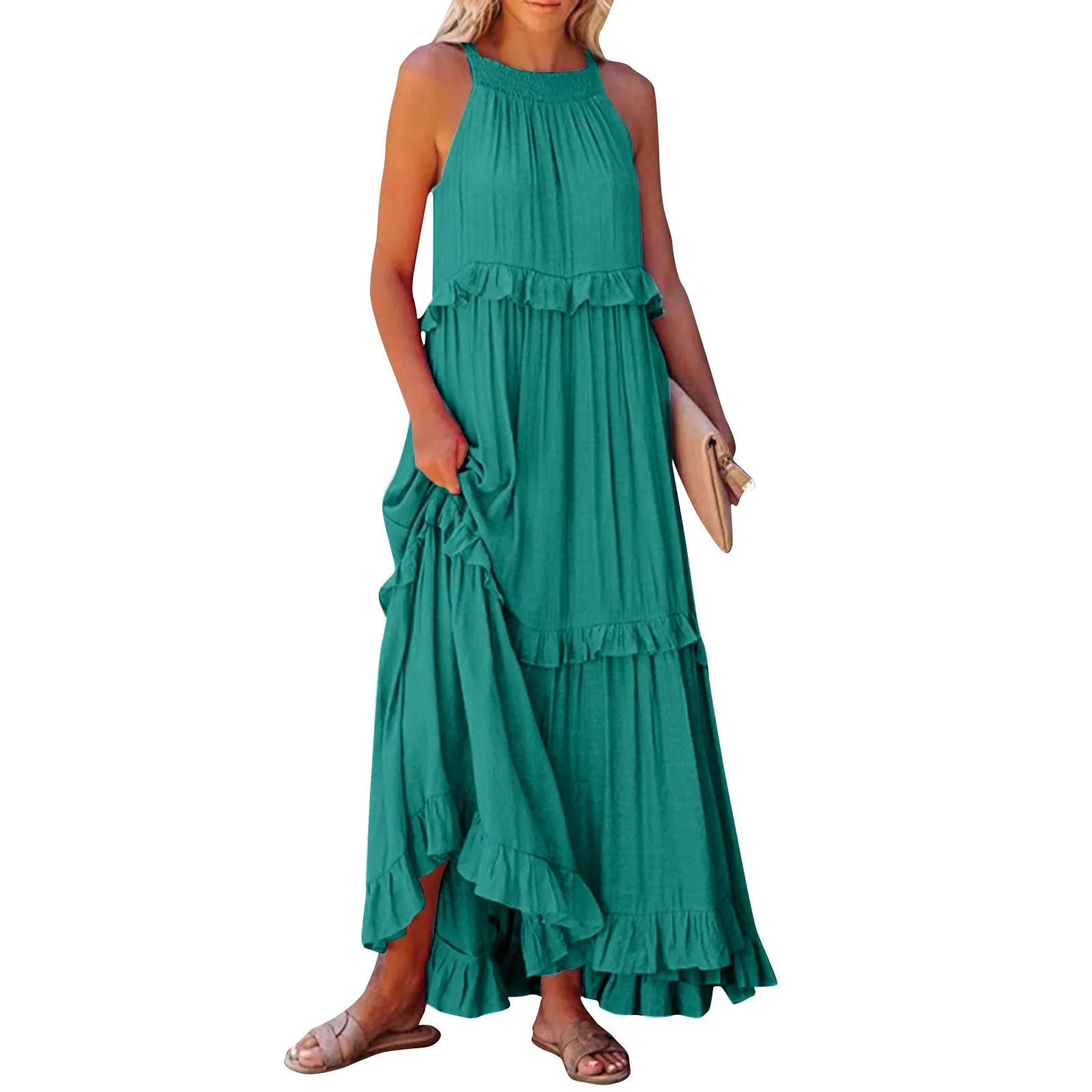 Navy Blue Ruffle Maxi Dress - Women's Sleeveless Halter Neck Boho Style