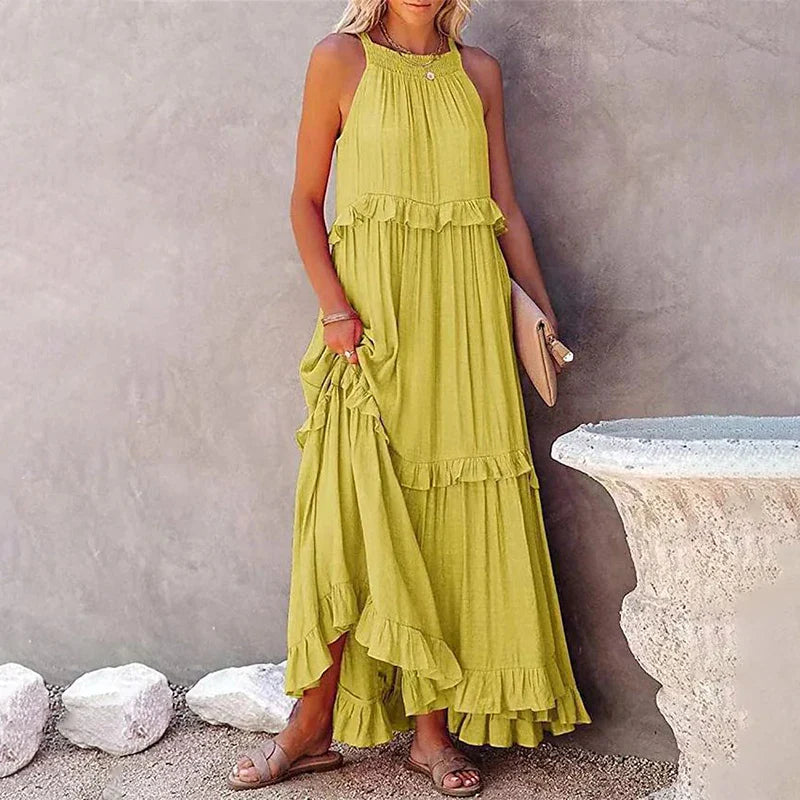 Navy Blue Ruffle Maxi Dress - Women's Sleeveless Halter Neck Boho Style
