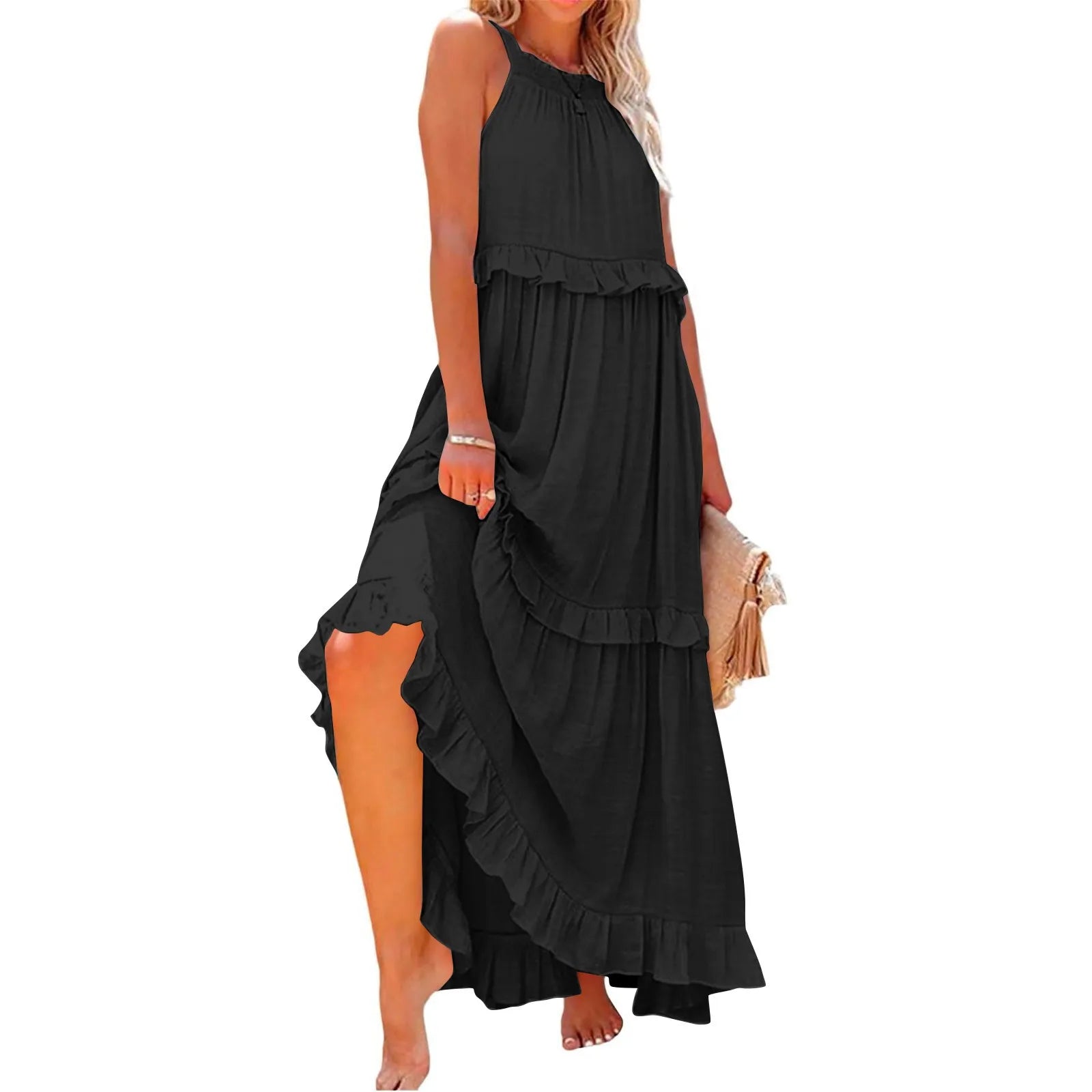 Navy Blue Ruffle Maxi Dress - Women's Sleeveless Halter Neck Boho Style