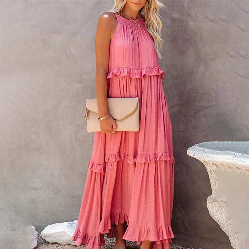Navy Blue Ruffle Maxi Dress - Women's Sleeveless Halter Neck Boho Style