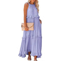 Navy Blue Ruffle Maxi Dress - Women's Sleeveless Halter Neck Boho Style