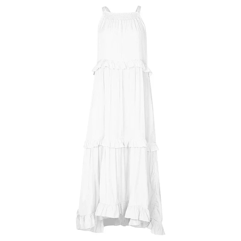 Navy Blue Ruffle Maxi Dress - Women's Sleeveless Halter Neck Boho Style