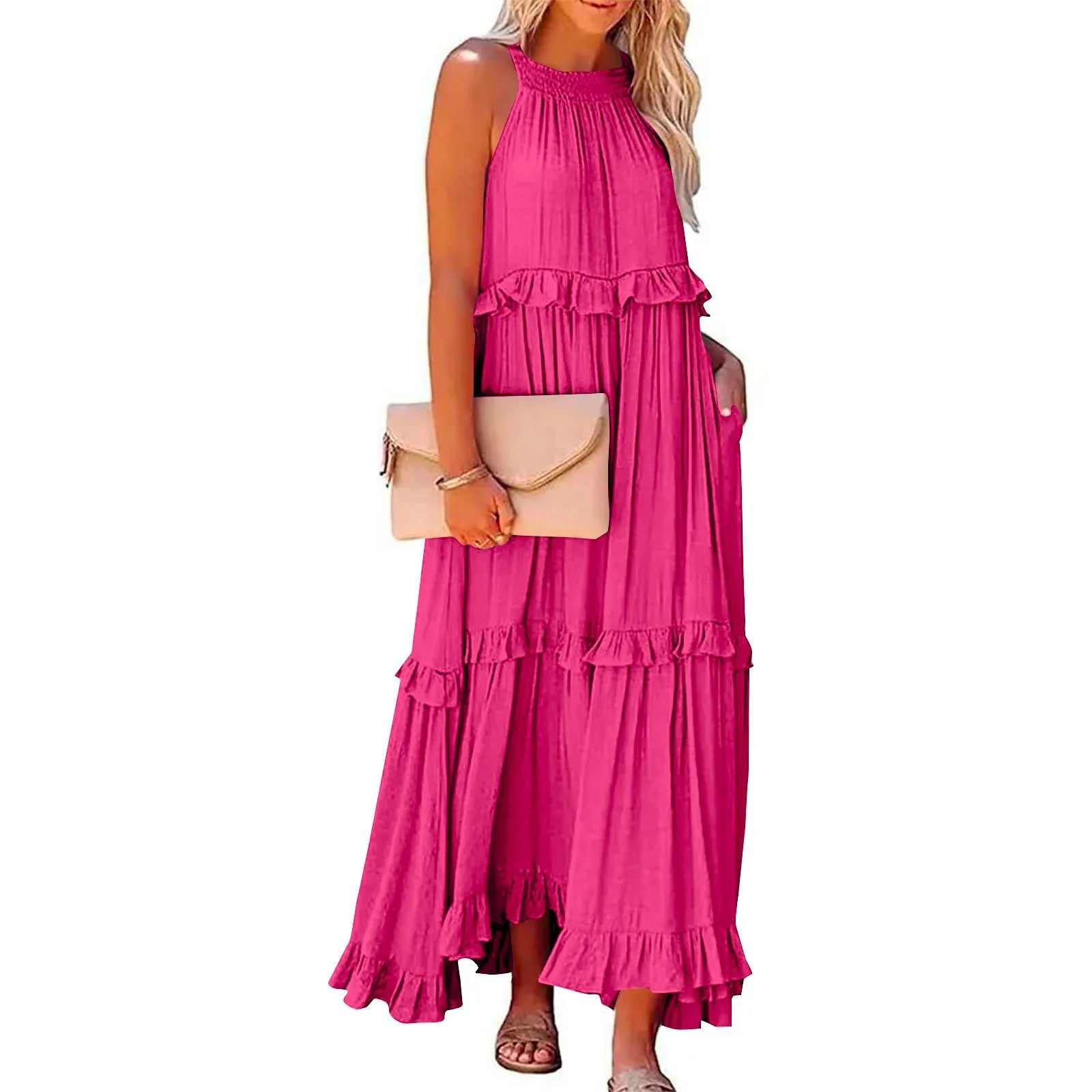 Navy Blue Ruffle Maxi Dress - Women's Sleeveless Halter Neck Boho Style