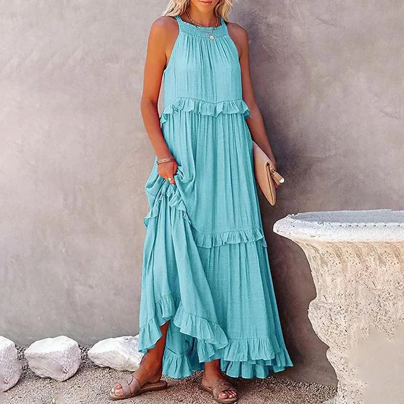 Navy Blue Ruffle Maxi Dress - Women's Sleeveless Halter Neck Boho Style
