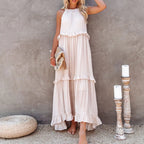Navy Blue Ruffle Maxi Dress - Women's Sleeveless Halter Neck Boho Style
