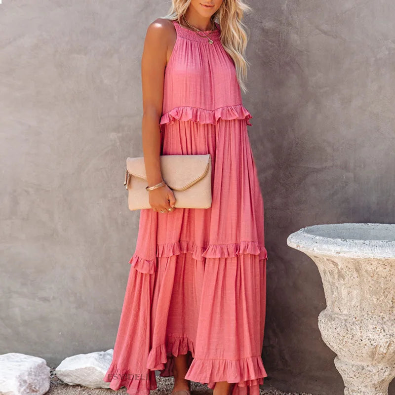 Navy Blue Ruffle Maxi Dress - Women's Sleeveless Halter Neck Boho Style