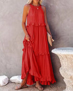 Navy Blue Ruffle Maxi Dress - Women's Sleeveless Halter Neck Boho Style