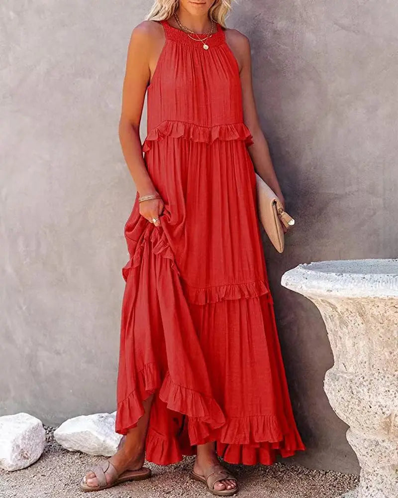 Navy Blue Ruffle Maxi Dress - Women's Sleeveless Halter Neck Boho Style