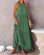 Navy Blue Ruffle Maxi Dress - Women's Sleeveless Halter Neck Boho Style