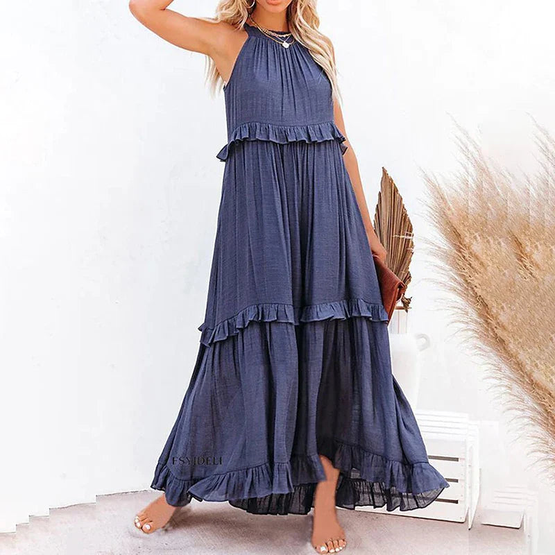 Navy Blue Ruffle Maxi Dress - Women's Sleeveless Halter Neck Boho Style