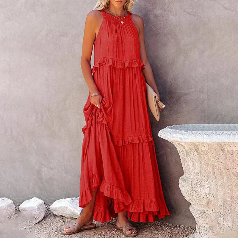 Navy Blue Ruffle Maxi Dress - Women's Sleeveless Halter Neck Boho Style