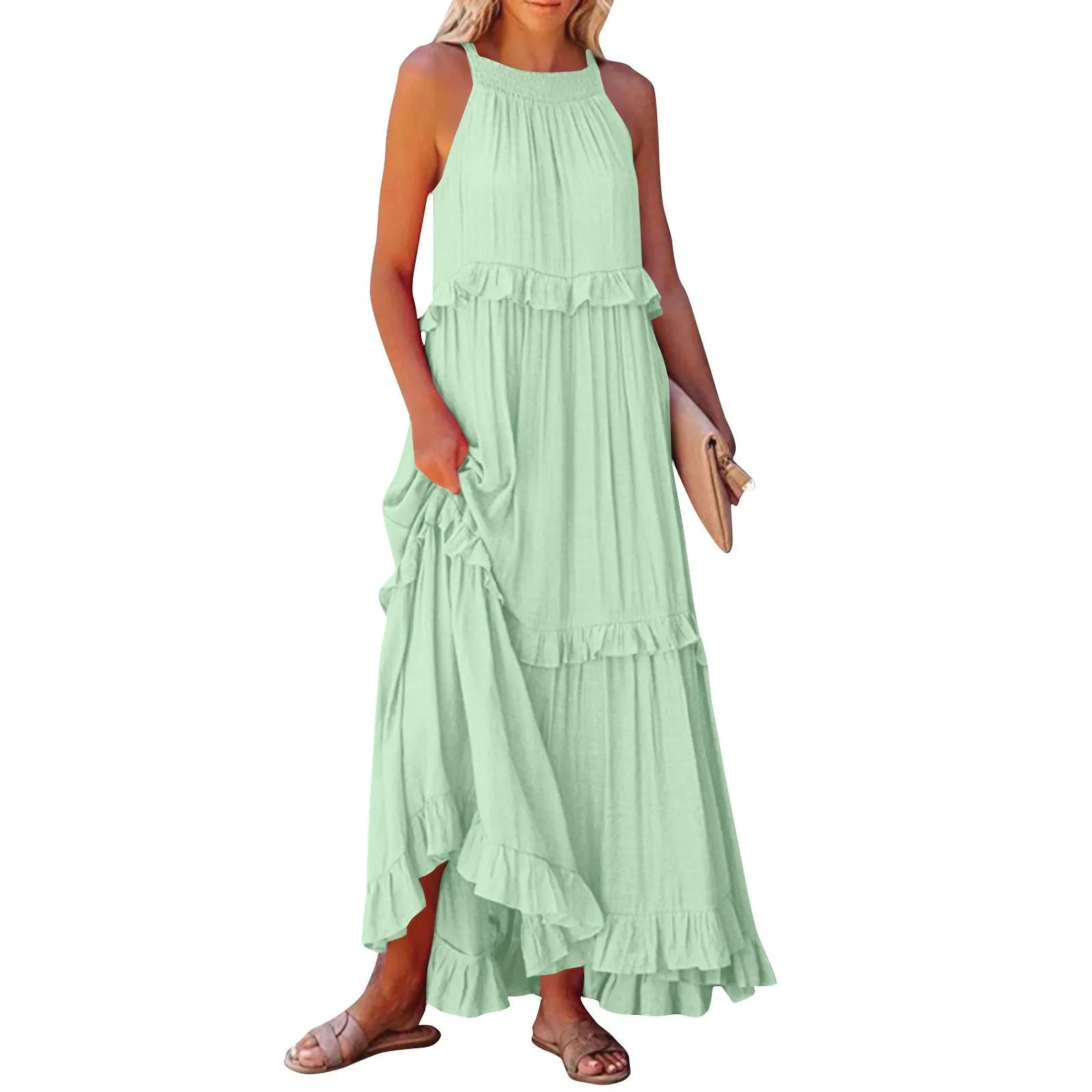 Navy Blue Ruffle Maxi Dress - Women's Sleeveless Halter Neck Boho Style