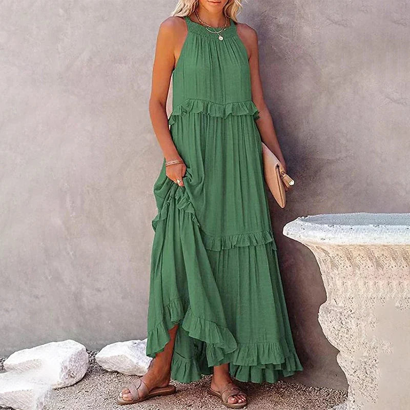 Navy Blue Ruffle Maxi Dress - Women's Sleeveless Halter Neck Boho Style