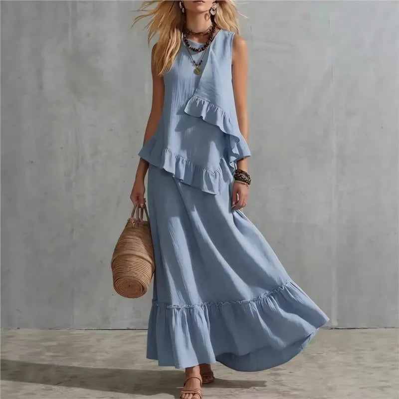 Cotton Linen Women's Two-Piece Summer Outfit - Sleeveless Ruffle Top & Long Skirt