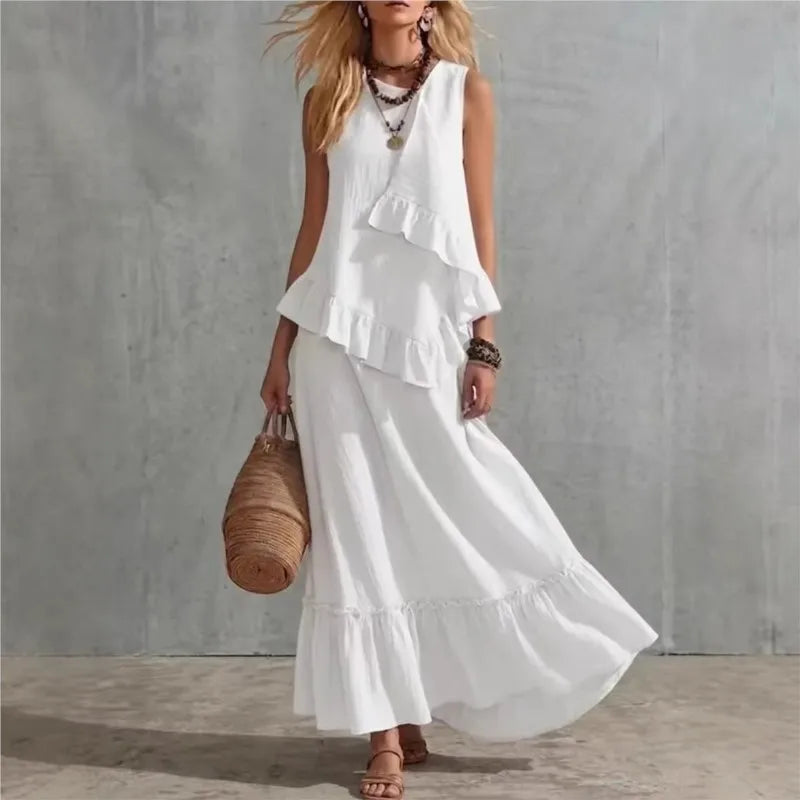Cotton Linen Women's Two-Piece Summer Outfit - Sleeveless Ruffle Top & Long Skirt