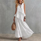 Cotton Linen Women's Two-Piece Summer Outfit - Sleeveless Ruffle Top & Long Skirt