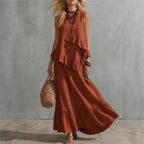 Cotton Linen Women's Two-Piece Summer Outfit - Sleeveless Ruffle Top & Long Skirt