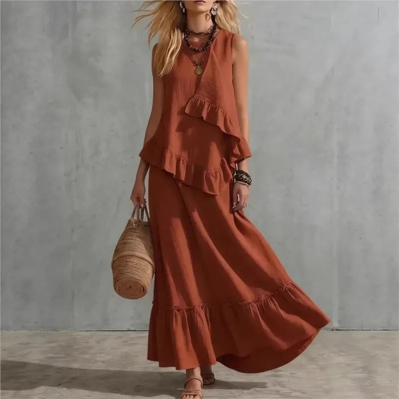 Cotton Linen Women's Two-Piece Summer Outfit - Sleeveless Ruffle Top & Long Skirt