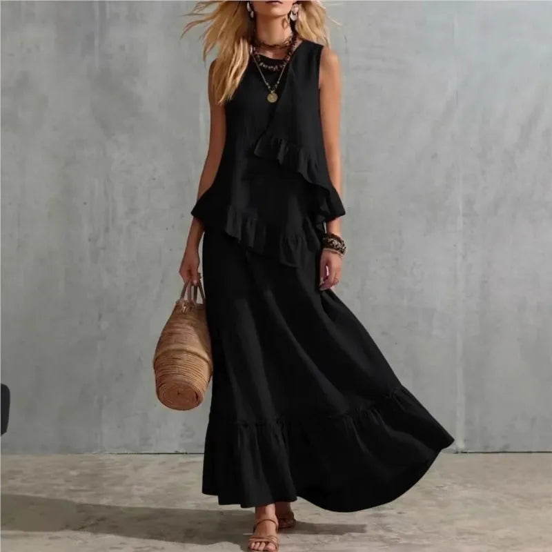 Cotton Linen Women's Two-Piece Summer Outfit - Sleeveless Ruffle Top & Long Skirt