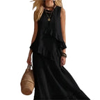 Cotton Linen Women's Two-Piece Summer Outfit - Sleeveless Ruffle Top & Long Skirt