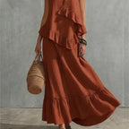 Cotton Linen Women's Two-Piece Summer Outfit - Sleeveless Ruffle Top & Long Skirt