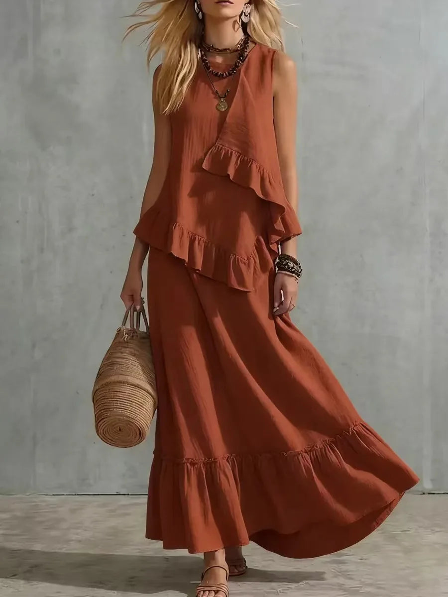 Cotton Linen Women's Two-Piece Summer Outfit - Sleeveless Ruffle Top & Long Skirt