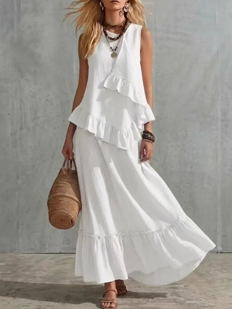 Cotton Linen Women's Two-Piece Summer Outfit - Sleeveless Ruffle Top & Long Skirt