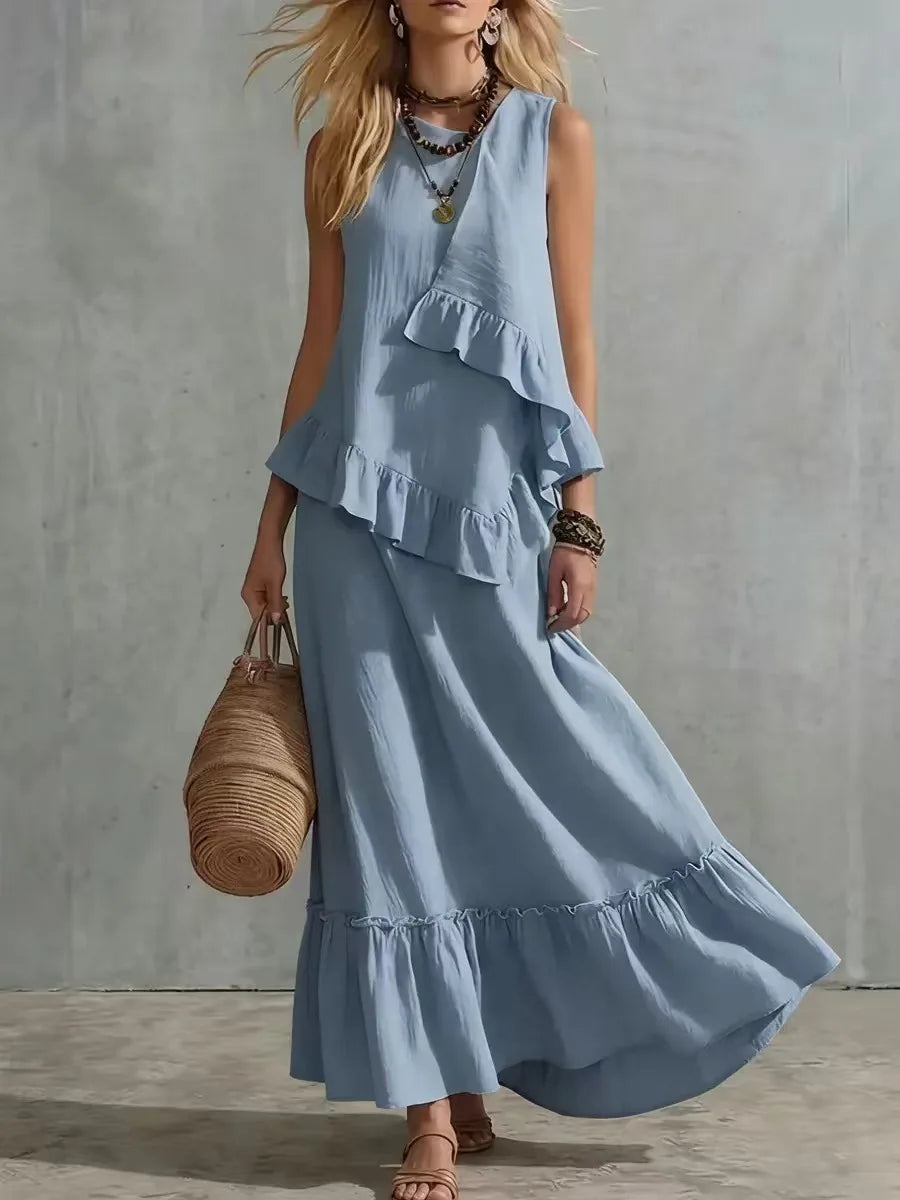 Cotton Linen Women's Two-Piece Summer Outfit - Sleeveless Ruffle Top & Long Skirt