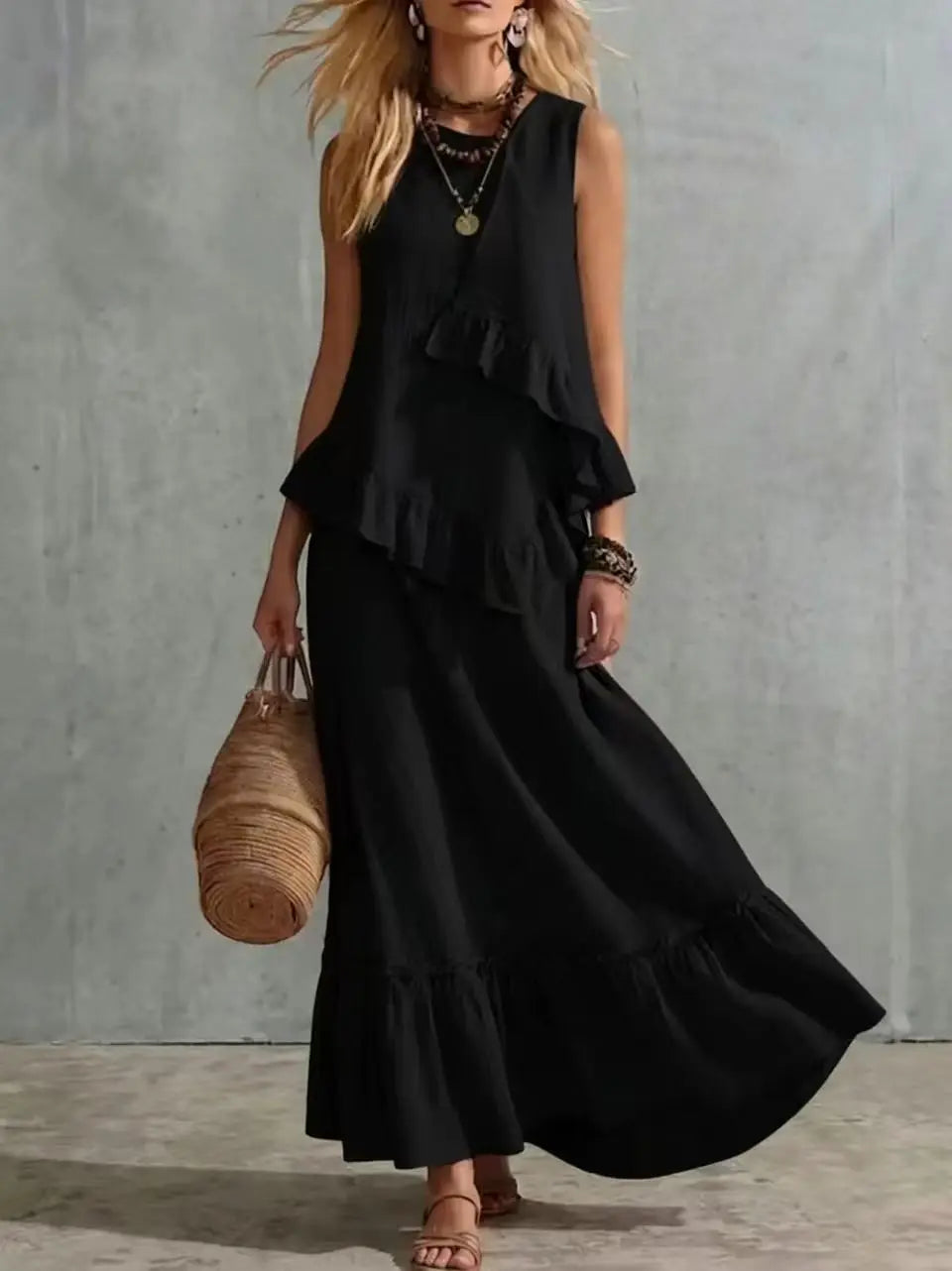 Cotton Linen Women's Two-Piece Summer Outfit - Sleeveless Ruffle Top & Long Skirt