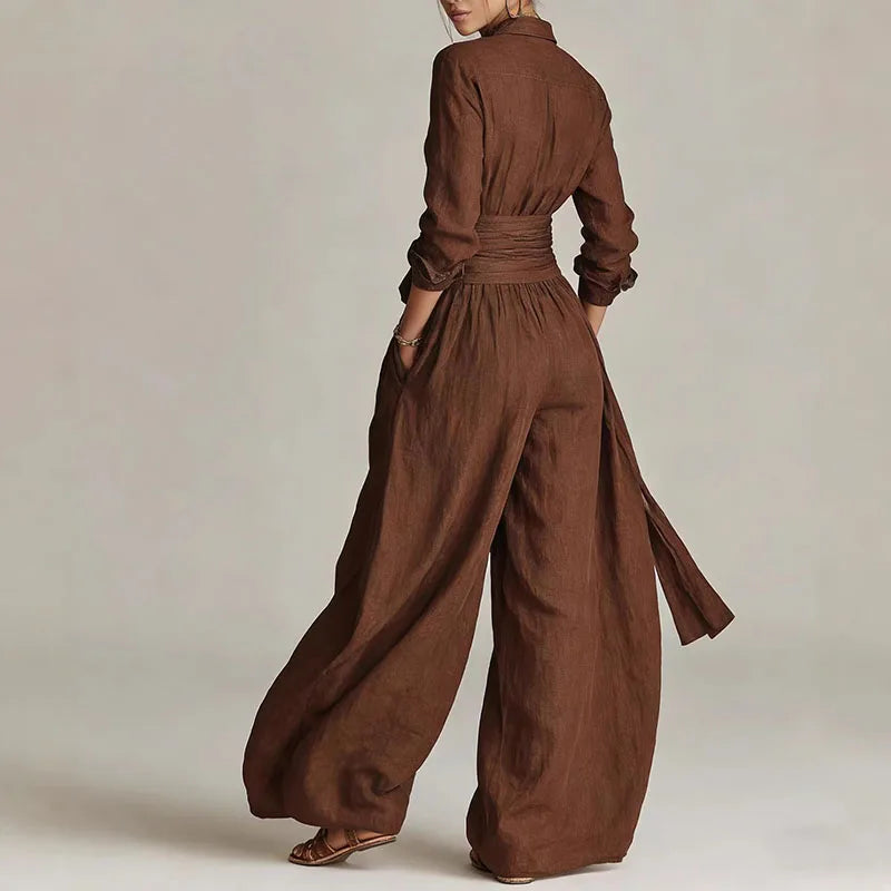 Elegant Women's Button-Up Shirt & Lace-Up Pants Suit Set for Casual Vacations