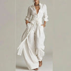 Elegant Women's Button-Up Shirt & Lace-Up Pants Suit Set for Casual Vacations