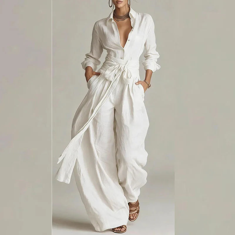Elegant Women's Button-Up Shirt & Lace-Up Pants Suit Set for Casual Vacations