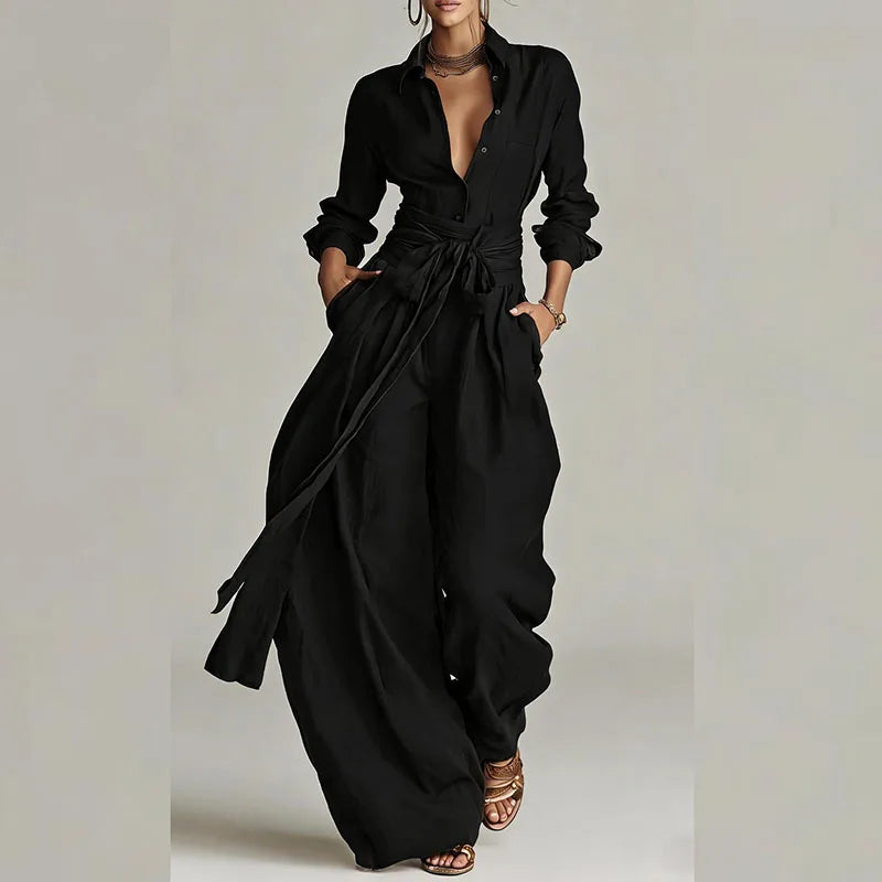 Elegant Women's Button-Up Shirt & Lace-Up Pants Suit Set for Casual Vacations