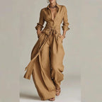 Elegant Women's Button-Up Shirt & Lace-Up Pants Suit Set for Casual Vacations