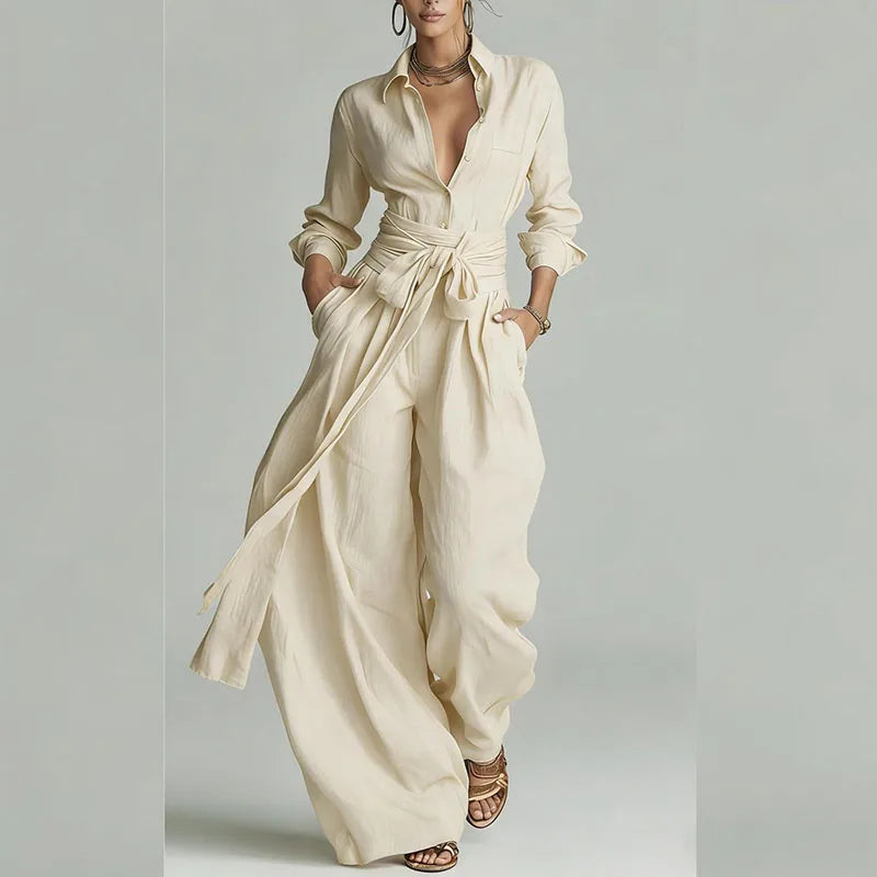 Elegant Women's Button-Up Shirt & Lace-Up Pants Suit Set for Casual Vacations