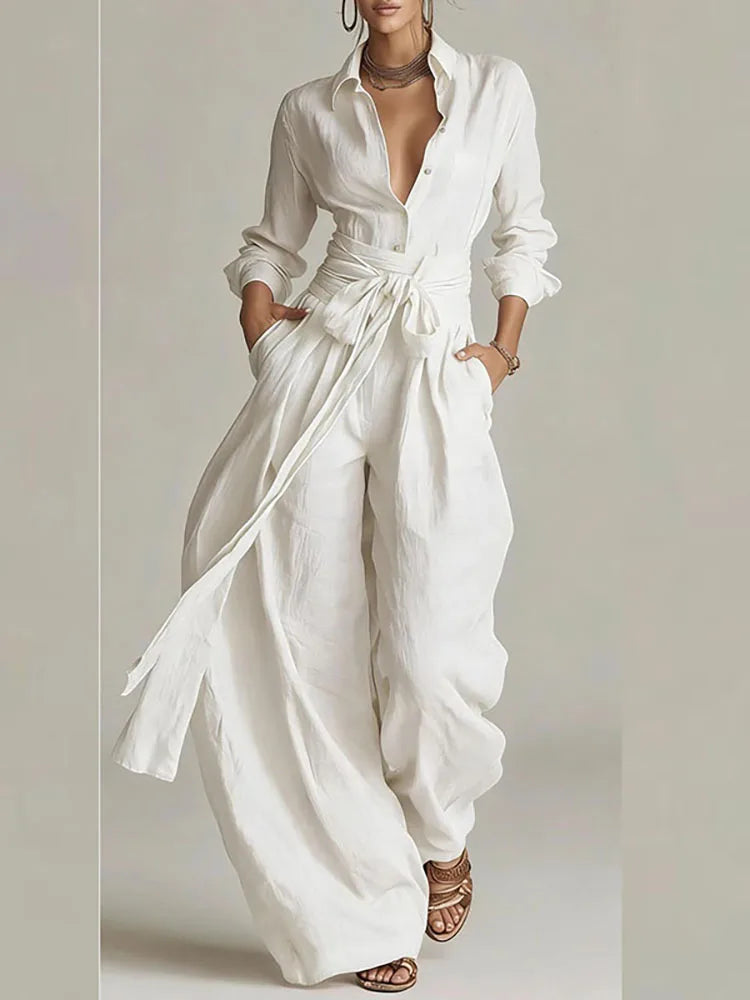 Elegant Women's Button-Up Shirt & Lace-Up Pants Suit Set for Casual Vacations