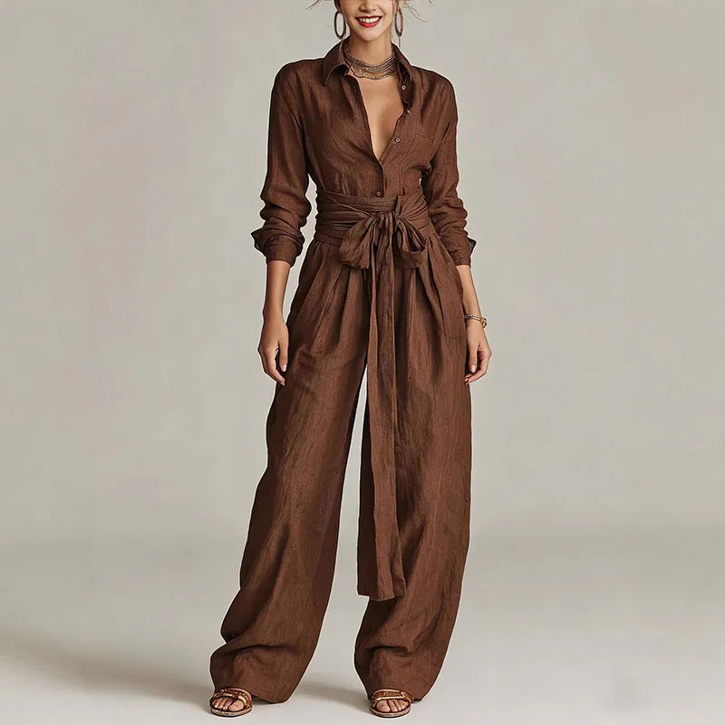 Elegant Women's Button-Up Shirt & Lace-Up Pants Suit Set for Casual Vacations