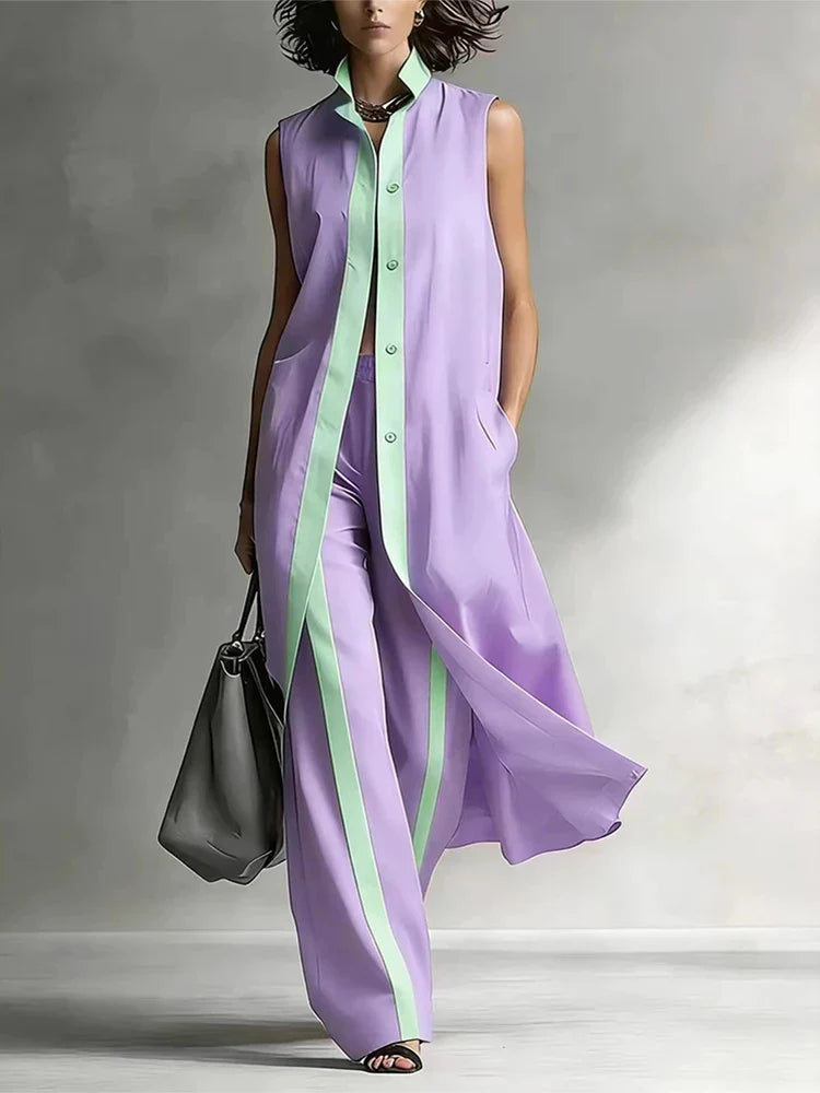 Women's Sleeveless Two-Piece Set - Contrast Color Button Top & Wide Leg Pants