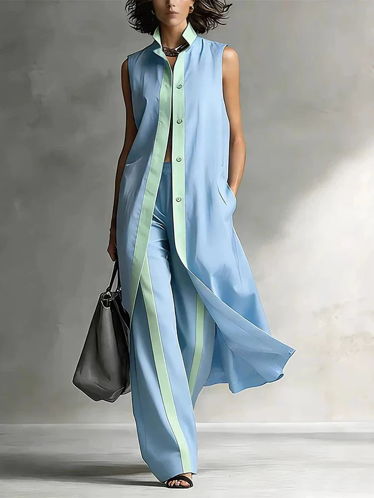 Women's Sleeveless Two-Piece Set - Contrast Color Button Top & Wide Leg Pants